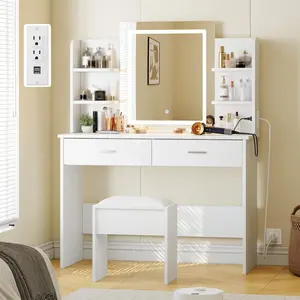 All-in-One Vanity Set with LED Lighted Mirror & Smart Charging Hub Adjustable 3-Color Brightness • 6 Storage Shelves & 2 Spacious Drawers • PU Cushion Stool • Compact Makeup Desk with Outlets