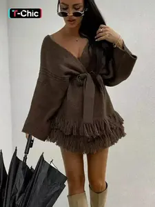 Women's Elegant Floral Print Blouse Knit Cardigan Fringe Belt, Casual Long Sleeve Button Front Top, Comfortable Polyester Fabric, Perfect for Daily Wear Knitwear