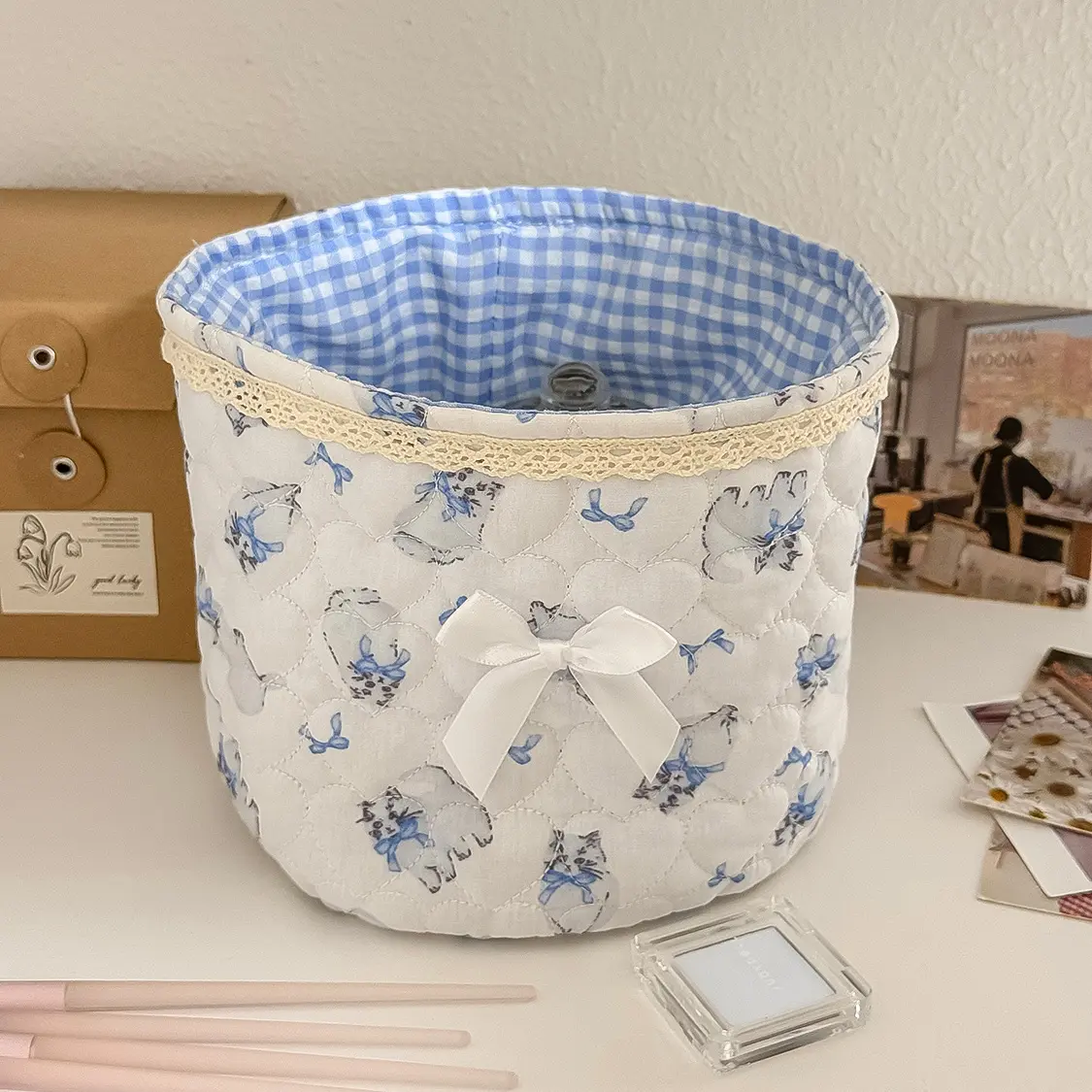 Sweetheart Lace Cylindrical Storage Basket – [Blue Cat]