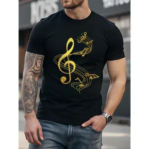 Manfinity Homme Men's Casual Golden Musical Note Printed Black Short Sleeve T-Shirt, Summer
