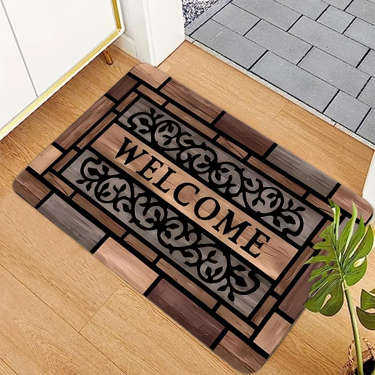 [Back to School] Rustic Look Welcome Doormat - Durable, Anti-Slip Base with Chloroprene Rubber Backing Adds Secure Footing, Stylish Brown Pattern, 3 Sizes for Home Entrance Decor
