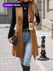 Women's Solid Button Decor Lapel Neck Suede Woven Fabric Fitted Vest Blazer, Casual Style Sleeveless Pocket Open Front Longline Outerwear for Spring & Fall, Ladies' Clothes for Daily Wear