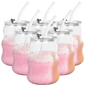 Cloud Shaped Glass Cup with Straw, 1 Count/4/6 Counts Vintage Ripple Glass Cups, Drinking Glassware for Iced Coffee, Juice, Milk