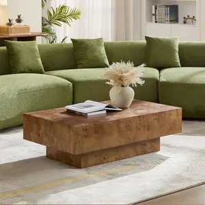 43.31 Inch Burl Wood Veneer Coffee Table, Rectangle Mid-Century Modern Table for Living Room, Coffee Table with Sturdy MDF Pedestal for Office, Apartment