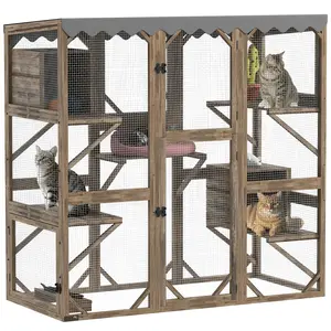PawHut Catio Outdoor Cat Enclosure, 59" Wooden Cat House with Window Access, 5 Platforms and 2 Resting Box, Waterproof Roof, Kitty Cage for Multiple Kittens, Brown