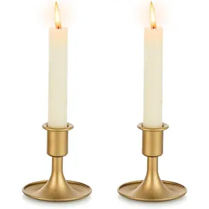 Gold Taper Candle Holder Set of 2, Short Skinny Brass Candlestick Holders, Vintage Small Low Metal Candles Sticks for Wedding Centerpieces Christmas Birthday Party Holiday Dinning Table Decor