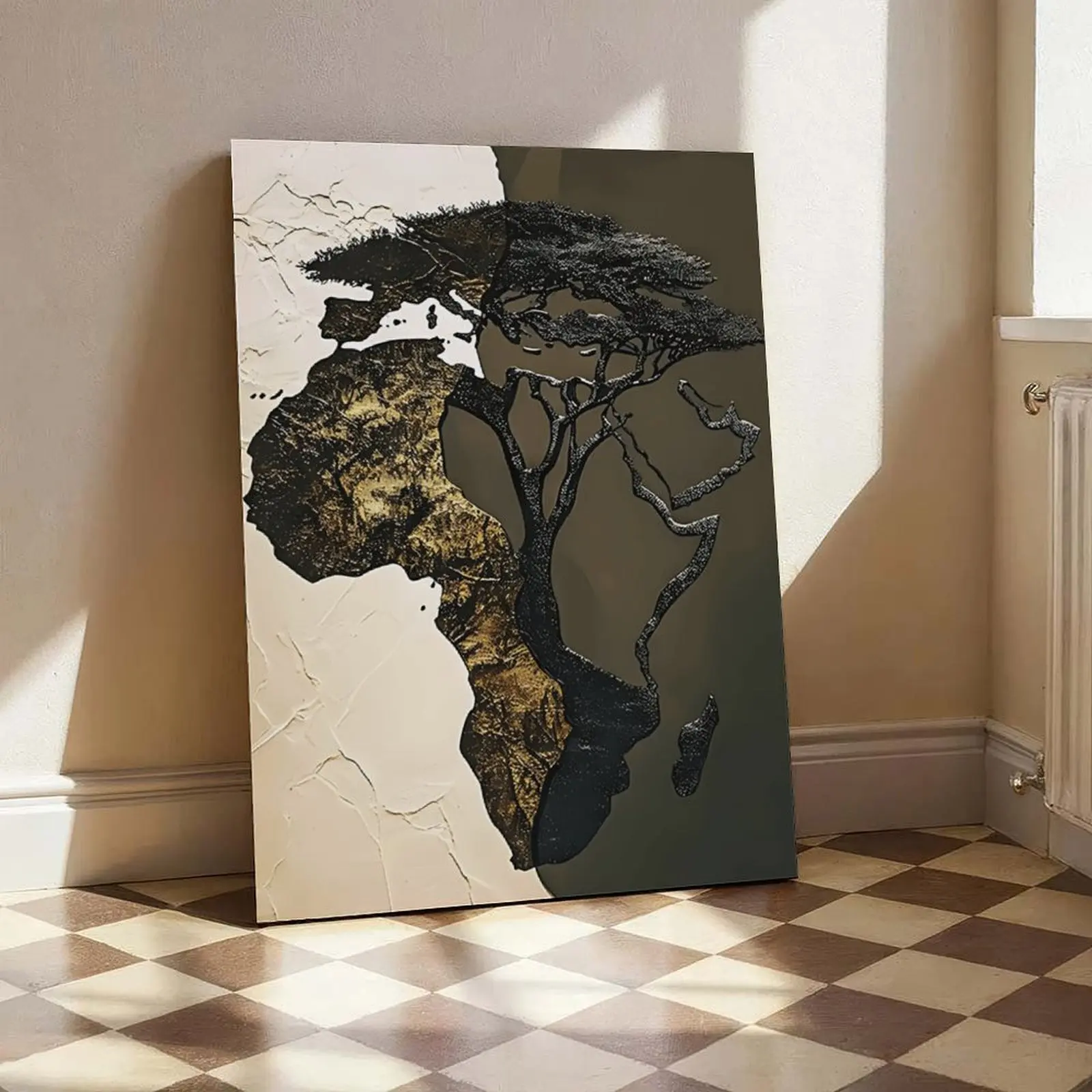 Artistic African Map Canvas Painting with Tree & Leaf Patterns - Frameless Photo Print Wall Decoration for Living Room, Bedroom - Indoor Outdoor African Home Decor Art Ornaments