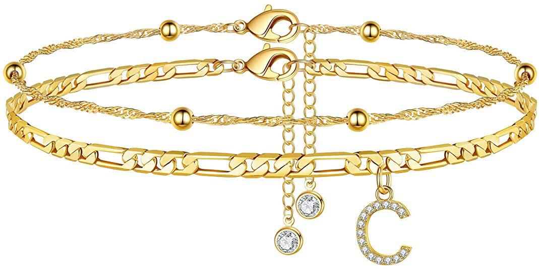 Popular 26-letter zirconia anklet, simple and stylish beaded Cuban double-layer anklet