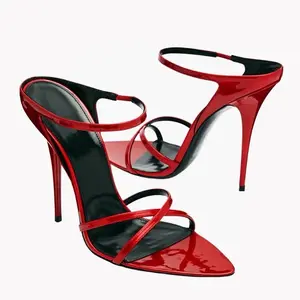 Women's High-Heel Sandals with Ankle Strap & Cross-Strap Design, Red & Black Patent Leather, Sleek, Sexy & Elegant Summer Dress Classic Sandal