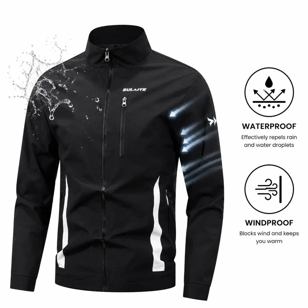 Men’s autumn/winter stand-collar functional riding jacket made from waterproof, windproof, breathable fabric, featuring multiple zippered pockets and contrasting line detailing; a durable outerwear piece suitable for motorcycling, cycling, and everyday co