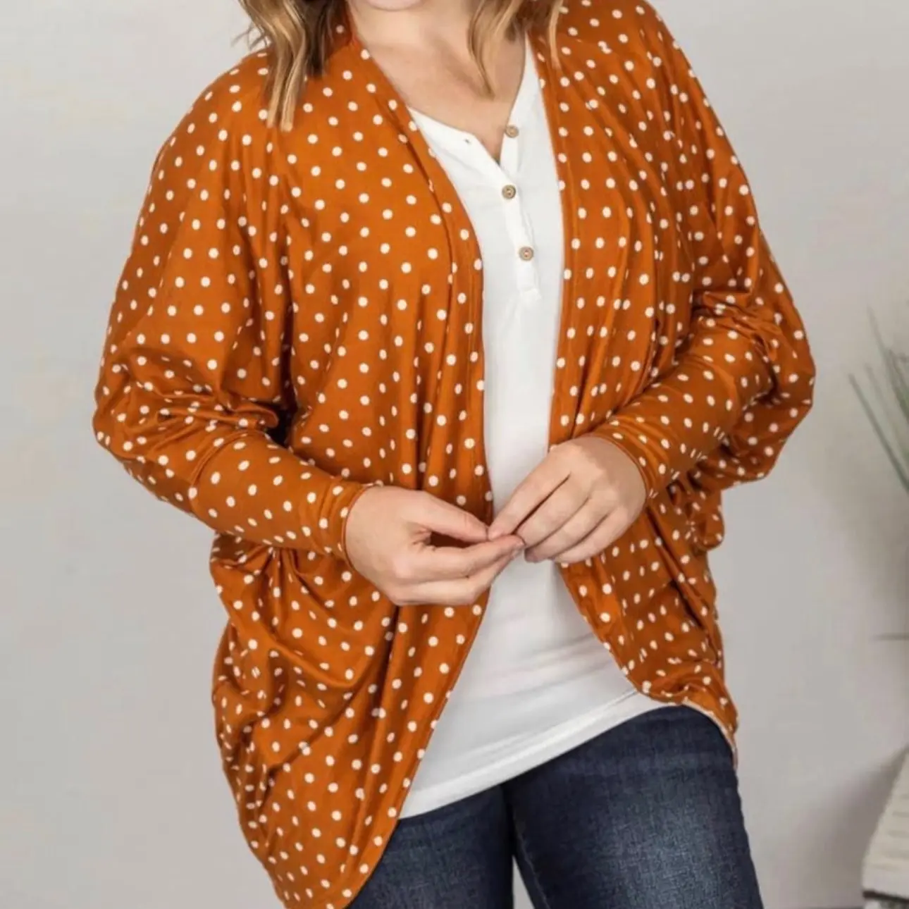 Camel Polka Dot Cocoon Cardigan Casual Comfort