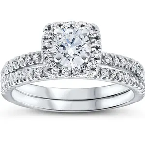 5/8 Ct Lab Grown Diamond Cushion Halo Engagement Wedding Ring Set White Gold EX3