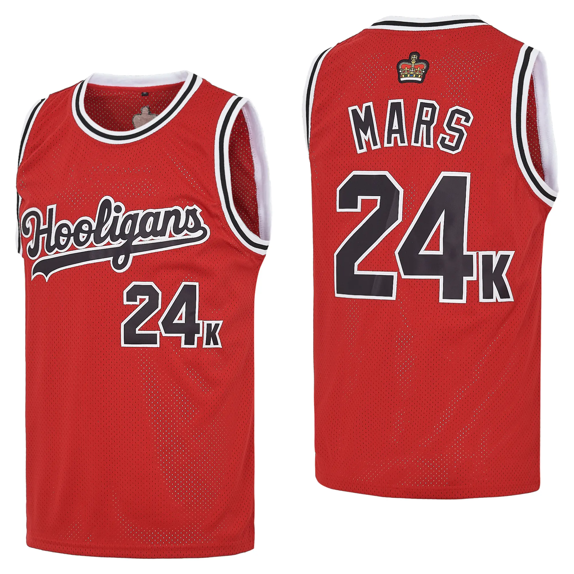Men's Hooligans 24K Mars Hip Hop Rap Red Basketball Jersey Embroidery Breathable and sweat absorbing