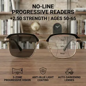 +2.50 No-Line Progressive Readers | 3-in-1 Multifocal, Photochromic & Anti-Blue Light (Fits +2.25 to +2.75)