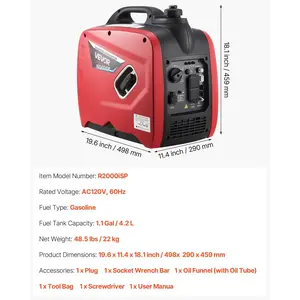 VEVOR Inverter Generator, 2900W Peak Watt Quiet Inverter Generator, Portable Inverters Generators for Home Use, Gas Powered, Compact and Lightweight Design - Stable Power, CO Sensor, Orange/Black