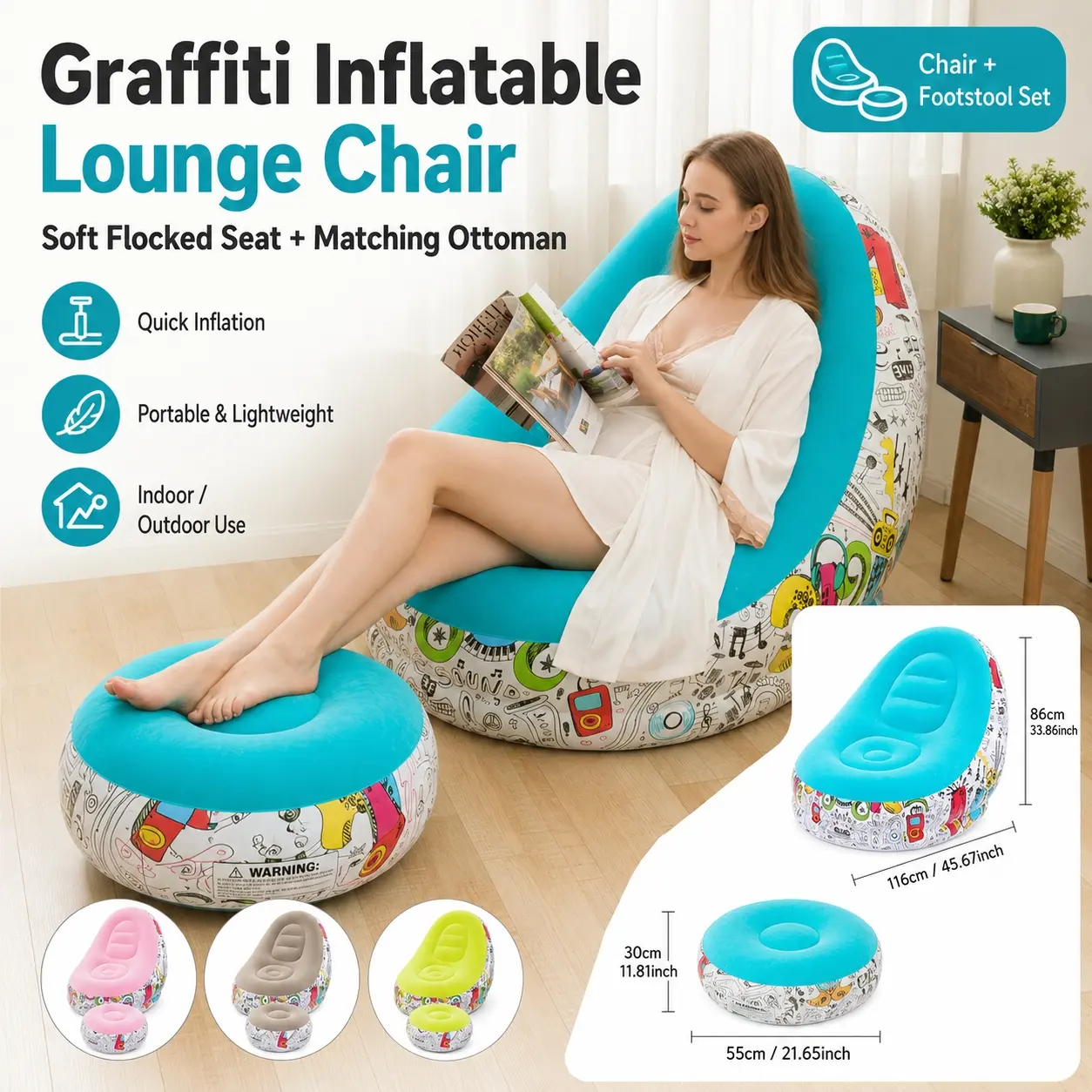 Graffiti Inflatable Lounge Chair with Footstool, Macaron Yellow Flocked Air Sofa Couch, Flocking Air Couch, Portable Blow Up Lounger with Quick Inflation, Backrest & Ottoman for Adults Living Room, Bedroom, Camping, Patio Relaxing
