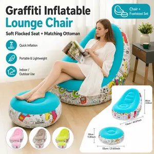 Graffiti Inflatable Lounge Chair with Footstool, Macaron Yellow Flocked Air Sofa Couch, Portable Blow Up Lounger with Quick Inflation, Soft Backrest & Ottoman for Adults Living Room Bedroom Office Dorm Camping Patio Indoor Outdoor Relaxing