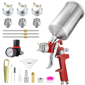 RRJ HVLP Gravity Feed Spray Paint Gun, Paint Sprayer 1.4/1.7/2.5mm Nozzles with Air Regulator, 1000cc, Automotive Paint Gun for Car Primer, Paint Gun for House Painting, Furniture, Fence (Red) High-Pressure Aluminum Kit mode