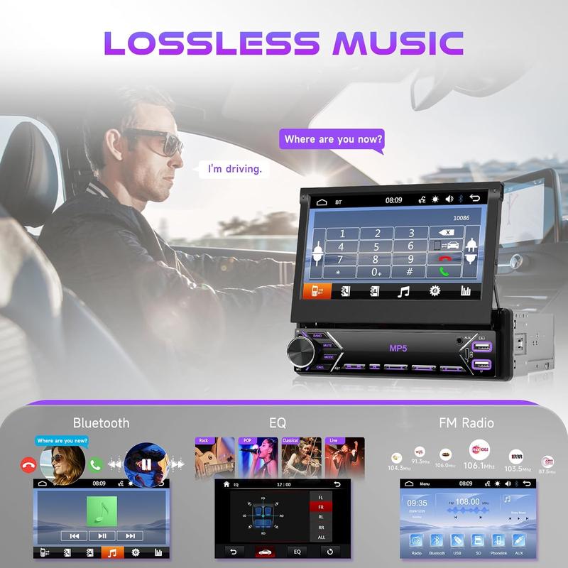 Single Din Flip Out Car Stereo Bluetooth 7 Inch Retractable Touch Screen Car Radio 1 Din Mirror Link/FM/EQ USB/Type-C/AUX SWC,  Car Audio Receiver MP5 Multimedia Player with Backup Camera