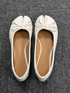 Retro Bow Tabi Split Toe Ballet Flats, Soft Genuine Leather Slip-On Loafers, TikTok Viral Comfy Casual Shoes for Women, Black & White Two-Tone Footwear
