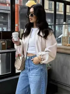 Women's Fall Winter Jacket Coats, Soft Solid Color Long Sleeve Bomber Jacket with Pockets and Zipper, Casual Fashion Outerwear
