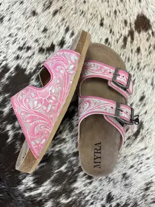 Pink and White Blossom Glimmer Hand-Tooled Leather Sandals