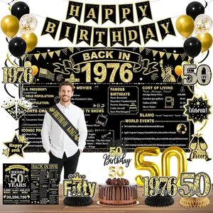 50th Birthday Decorations for Men, Black Gold Back in 1976 Birthday Party Supplies Kit includes Banner Backdrop Sash Balloons Cake Topper Honeycomb Decorations