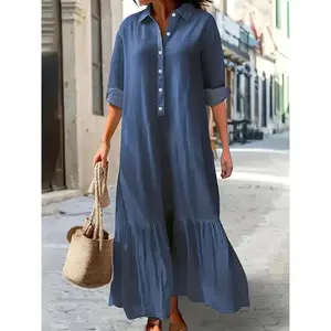 Stylish Plus Size Ruffled Hem Maxi Denim Dress - Women's Fashionable Long Sleeve Button Up Denim Dresses with Washed Blue Color and Flattering Fit - Perfect for Casual Daily Wear