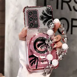 A32 5G Young Mom Series Fashion Strap Lanyard Protective Phone Holder Case For Compatible With Samsung Galaxy A32 5G PC Cover and Impact Resistant Black Coconut Tree Protector Cases