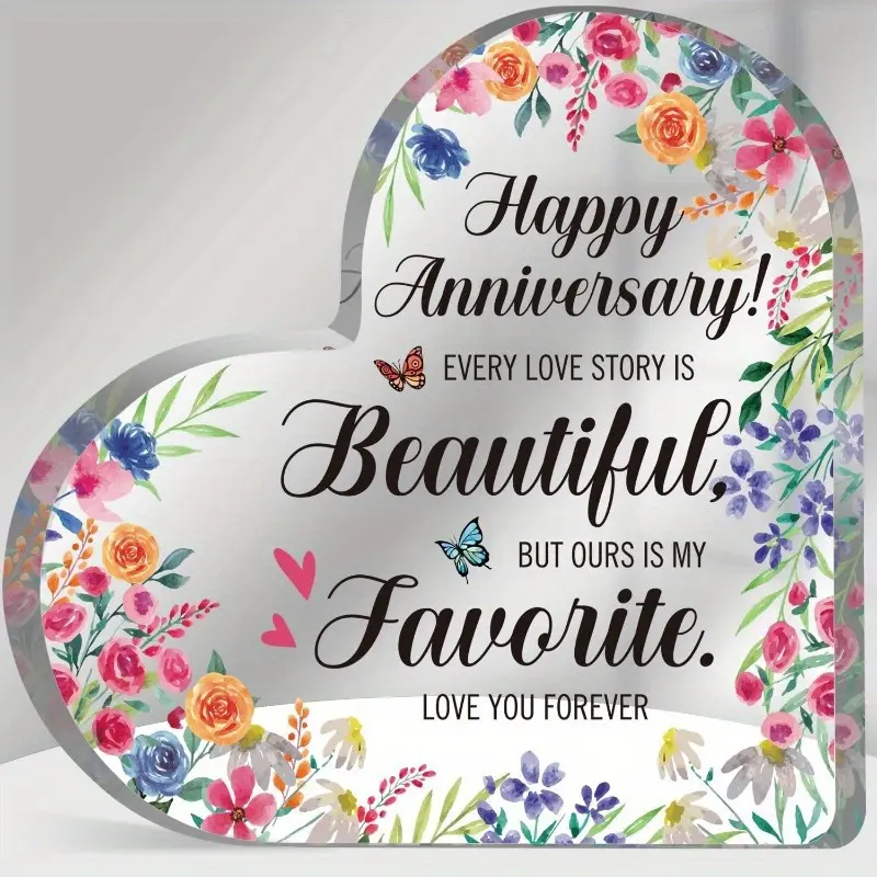 Wedding Anniversary Gift - Heart-Shaped Acrylic Keepsake Card with Floral Design & "Happy Anniversary" Message Desktop Decor for Couples, Parents, Mothers, Husbands, Wives - Elegant Wedding Souvenir for Wedding Favor