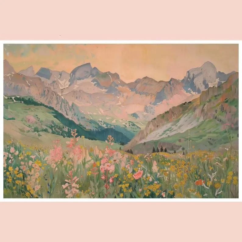 Wildflower Mountain Vintage Wildflower Field Landscape Painting, Vintage Landscape Art Print, Country Field Wall Art, Botanical Art Poster