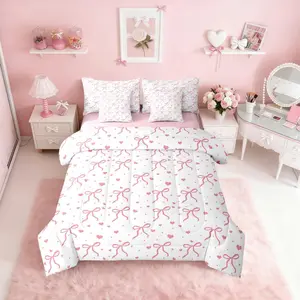 Feelyou 7-Piece Pink Microfiber Soft Breathable Bedding Set - Toddler Girl Bedding Set with Kawaii Bow Bed Bag, Princess Bow Tie Accent, Love Heart Comforter, Matching Sheets