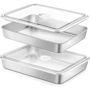 Stainless Steel Lasagna Pan with Lid, Rectangular Baking Cake Pan with Cover, 12.4x9.8x2 Inch Metal Deep Brownie Casserole Dish Tray for Oven, Heavy Duty, Fridge & Dishwasher Safe, Set of 2