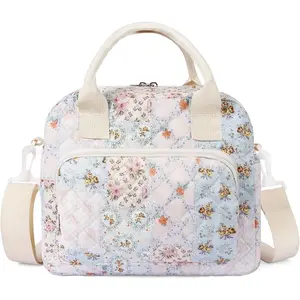 Quilted Lunch Box for Women, Large Insulated Lunch Bag for Adult,Elegant Blue Floral Cute Portable Tote Bags for Work Travel Beach Picnic(Blue Floral Patchwork, M)