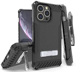 Tri-Shield Combination for iPhone 13 Pro Case, Nakedcellphone [Military Grade] Rugged Cover with Metal Kickstand [Includes Wrist Strap Lanyard + Belt Clip Holster]