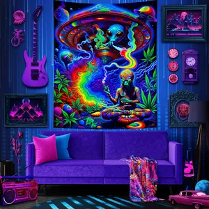 Psychedelic Alien Tapestry Cyberpunk Style Gaming Room Bar Wall Decor, Boho Print Home Decoration, Meditation Space Background Cloth, Wall Tapestries