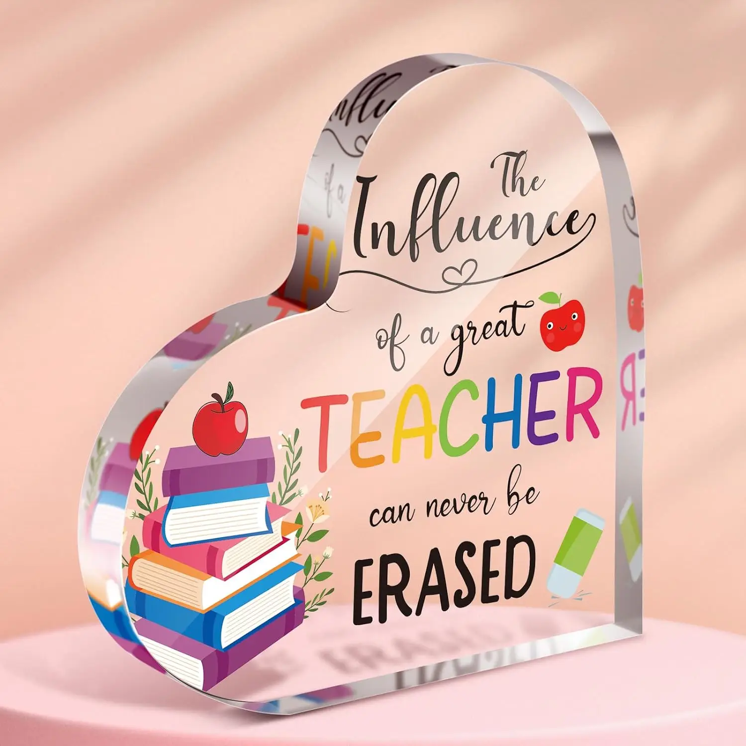 Acrylic Heart Shaped Desktop Ornaments, 1 Count Books & Letter Pattern Acrylic Plaque for Teachers, Office Classroom Desk Souvenirs