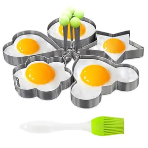 LIBERHAUS 5Pcs Stainless Steel Ring Molds for Cooking Egg Pancake Shapes with Silicone Brush Kitchen Utensils Circle Mold for Frying Eggs Round Egg Cooker Ring