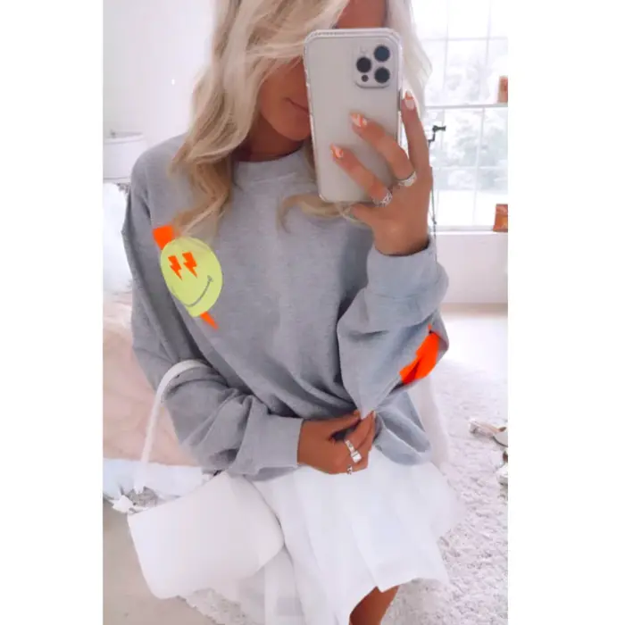 Smile Neon Orange Lightning Bolt Sweatshirt - Preppy Long Sleeve Crew Neck Casual Cotton Polyester Blend Unisex Oversized Hoodie for Winter