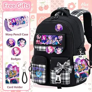Pink Plaid Kpop Anime Backpack for Girls, Free Gift Bundle Included Student School Bookbag,HUNTR/X K-POP