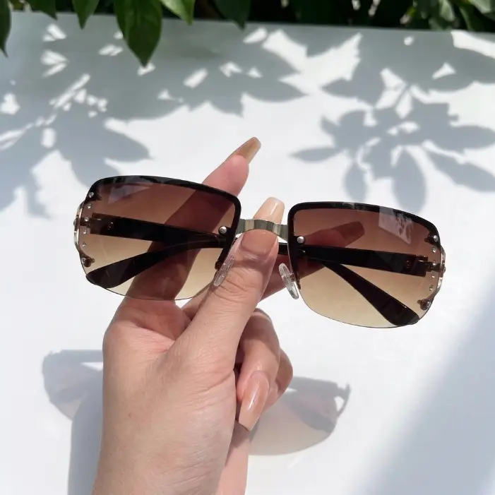 Rhinestone Rimless Sunglasses, Trendy Gradient Lens Eyewear for Man and Woman, Y2K Baddie Aesthetic Fashion Shades