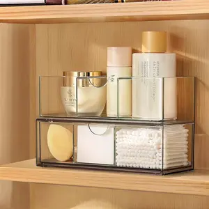 Cabinet Organizer 2 Pack, Stackable Storage Drawers with Removable Divider, Make Up Organizer for Bathroom Mirror Cabinets, Vanity, Closet, Countertop - Clear