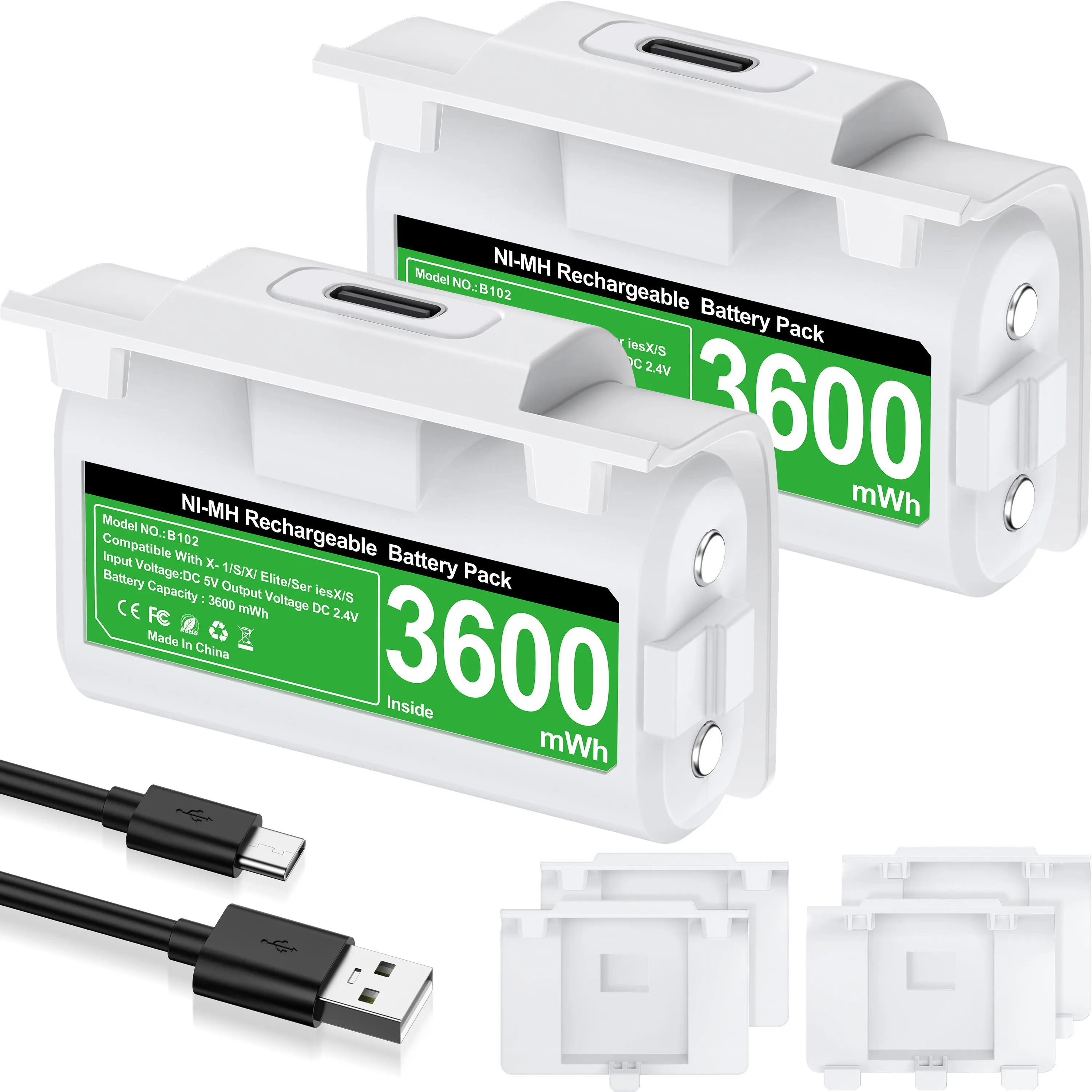 ESYWEN Rechargeable Xbox Controller Battery Pack for Series X|S/One/Elite , Play and Charge Kit with 2x3600mWh Batteries, 4 Covers, and USB-C Cable