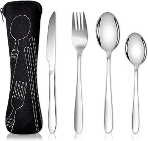 Cutlery Set with Portable Pouch Case, Stainless Steel Flatware Camping Utensil Set with Neoprene Bag for Outdoor Travel Picnic Office School Lunch Box