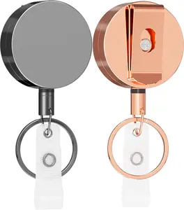 KTRIO 2 Pack Heavy Duty Badge Reel Retractable Badge Holder, Metal Keychain ID Badge Holder Reels with Belt Clip Key Ring for Key Name Card Holder, Black & Rose Gold