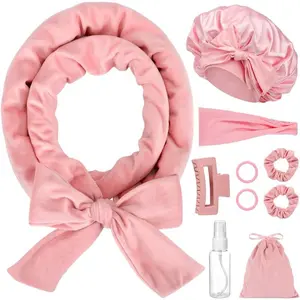 No Heat Overnight Curl Headband - 70" Soft Ribbon Wrap for Long Hair, 9 PCS Curling Rods Set,Pink Satin Headband