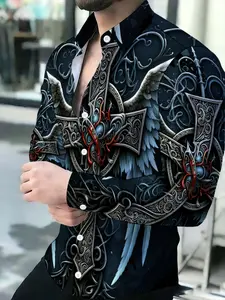 Men's Long Sleeve Shirt Dark Intricate Winged Cross Novelty Pattern