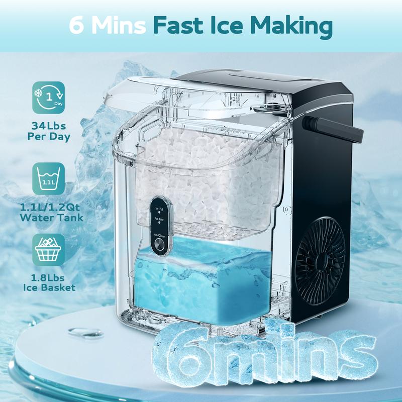 EUHOMY Nugget Ice Maker Countertop with Handle, Ready in 6 Mins, 33lbs/24H, Removable Top Cover, Auto-Cleaning, Portable Pebble Ice Maker with Basket and Scoop, for Home/Kitchen/Party/Camping