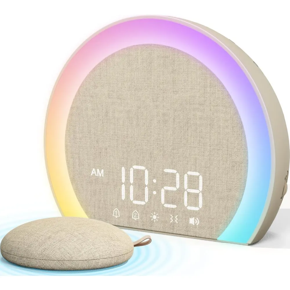 Extra Loud Alarm Clock with Wireless Bed Shaker, Vibrating Dual Alarm with Light Wake Up For Heavy Sleepers,Hearing Impaired, 9-Color Night Light, 5 Sounds, 0-100% Dimmer, USB Charger