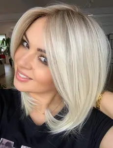 Ombre Balayage Highlight Blonde Lace Front Wigs Human Hair with Dark Roots Pre Plucked Frontal Dark Roots 12 Inch Silky Straight 613 Blonde Bob Wigs for Women 150% Density Middle Parting 21AE